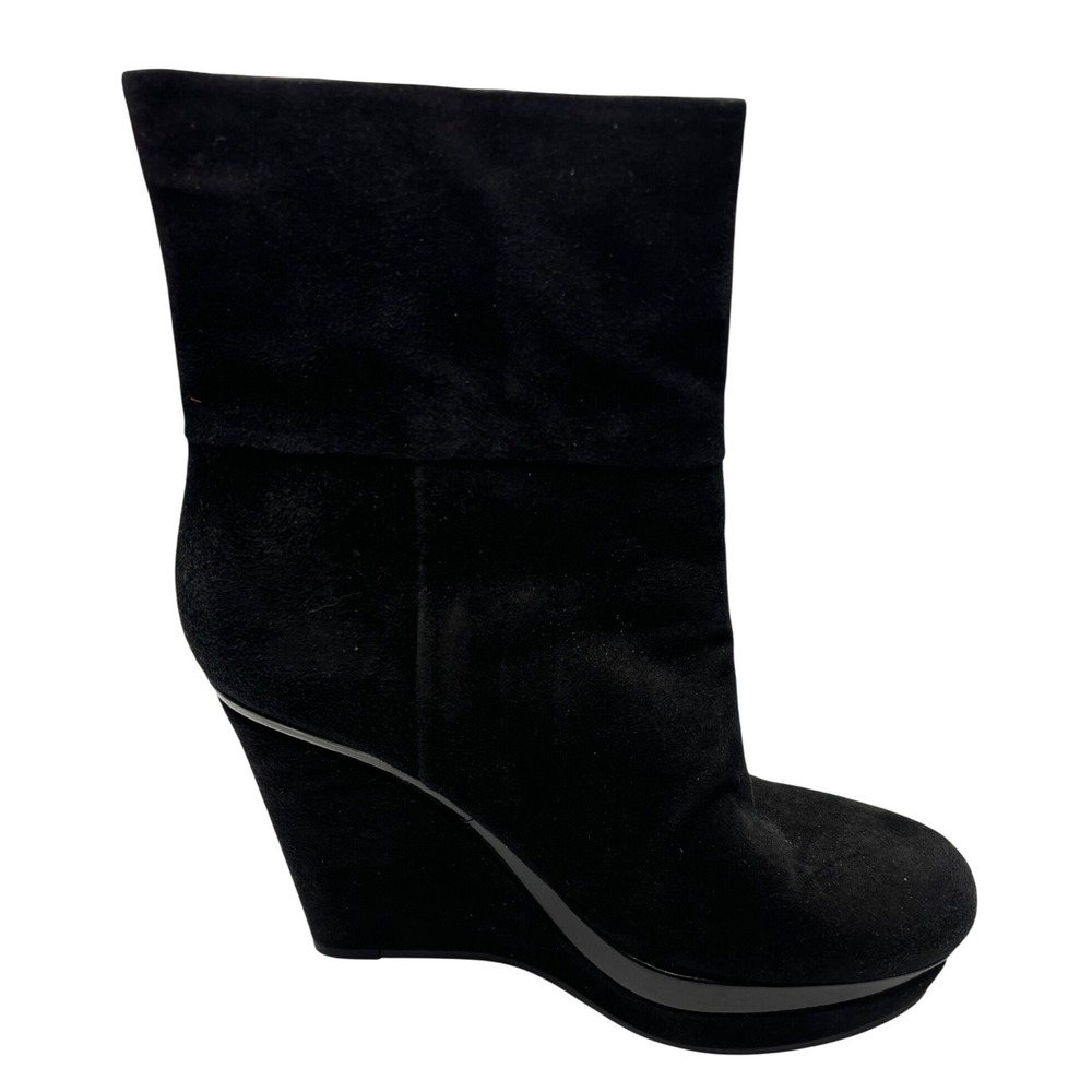 Via Spiga Black Suede Wedge Ankle Boots Patent‎ Trim Platform  7.5 M
